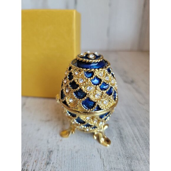 Blue trinket box egg golden enameled hinged Easter home decor unique - Picture 10 of 13